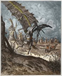 Don Quixote og vindmøllerne fra "Don Quixote de la Mancha" af Miguel Cervantes (1547-1616) (Don Quixote) - indgraveret af Heliodore Joseph Pisan (1822-90) efter tegning af Gustave Dore