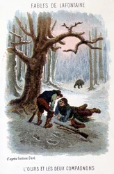 Illustration af "Bjørnen og de to ledsagere"", fabel af La Fontaine, baseret på en tegning af Gustave Doré.