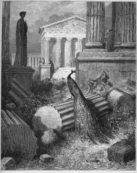 Påfuglen klager til Juno - fra “Fabler” af Jean de La Fontaine (Lafontaine) (1621-95) - gravure efter Gustave Doré (1832-83) - privatsamling