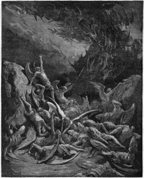 Det tabte paradis: de faldne engle. Efter tegning af Gustave Doré, der illustrerer "Paradise Lost" af den engelske digter John Milton (1608-1674). Gravure fra 1867. Privatsamling
