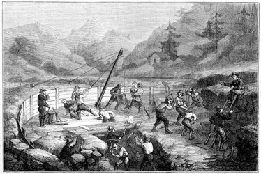 Udgravning og vask af sand på bunden af en flod, Californien, 1800-tallet.