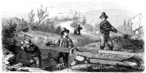 Franske minearbejdere, der arbejder på en lang tomsluse, Californien, 1800-tallet.