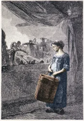 Cosette foran legetøjsbutikken - i "" Les Miserables"" af Victor Hugo, ill. af Brion, red. Hetzel og Lacroix