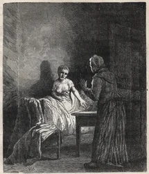 Marguerite træder ind på Fantines værelse og Fantine viser ham to Napoleoner (mønt), der kan redde Cosette, hans datter - Illustration af Gustave Brion (1824-1877) til "The Miserables - First part: Fantine" af Victor Hugo (1802-1885) 1862