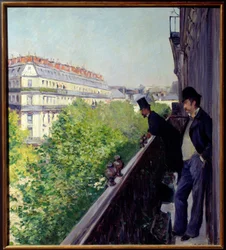En parisisk balkon i 1880-maleri af Gustave Caillebotte (1848-1894) 1880 Dim. 0,6x0,66 m Privat samling - En parisisk balkon i 1880. Maleri af Gustave Caillebotte (1848-1894)