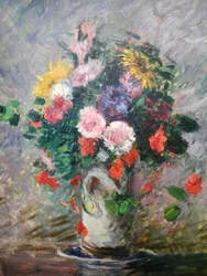 Fransk: Bouquet de marguerites, capucines et soleils dans un vase
Tysk: Buket med margueritter, kapuciner og solsikker i en vase