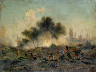 Krigen i 1870 mod Preussen: "" angreb på en kirkegård af regulære tropper i maj 1871"" Maleri af Gustave Boulanger (1824-1888) 1871 Søn. 0,49x0,65 m. Paris, Musée Carnavalet