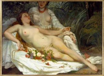 Badende siger to nøgne kvinder. Maleri af Gustave Courbet (1819-1877)