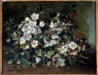Kirsebærblomster eller æblegrene i blomst. Maleri af Gustave Courbet (1819-1877)