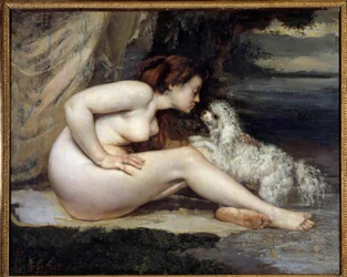 Hund nøgen kvinde. Portræt af Leontine Renaude. Maleri af Gustave Courbet (1819-1877)