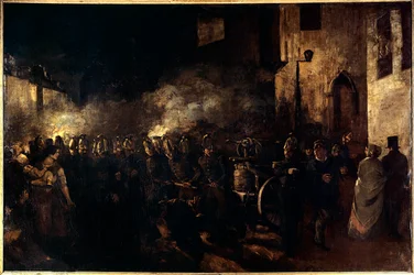 Brandmænd kører en brand Maleri af Gustave Courbet (1819-1877) 1850 Søn. 3,88x5,8 m Paris, Musee du petit palais