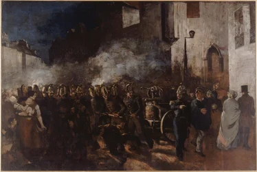 Brandmænd løber til en brand, mellem 1850 og 1851 (olie)