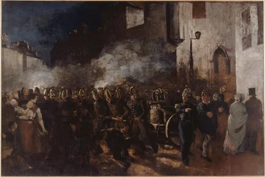 ""brandmænd løber til en ild"" Maleri af Gustave Courbet (1819-1877) 1851 Dim. 3,88x5,8 m Paris, Musee du petit palais Brandmænd løber til en ild - Courbet, Gustave (1819-1877) - 1851 - Olie på lærred - 388x580 - Petit Palais, Museum of Fine Arts of