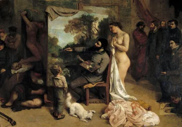 Malerenes atelier. Reel allegori, der bestemmer en syvårig fase af mit kunstneriske og moralske liv. Detalje, der viser maleren omgivet af sine to inspirationskilder, et barn, der symboliserer naivitet, og en nøgen kvinde. Maleri af Gustave Courbet