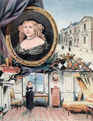 Portræt af markisen af Sevigne sammen med Chateau des Rochers og Hotel Carnavalet