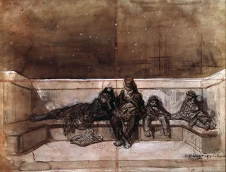 Et par og to børn sover på en London Bridge) af Gustave Dore