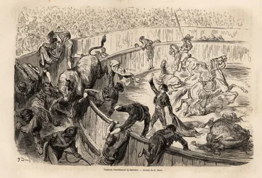 En tyr, der krydser barrieren, under en tyrefægtning i Valencia, tegning af Gustave Dore (1832-1883), for at illustrere hans rejse til Spanien, med C. Davillier, i 1862. Indgravering i "" Le tour du monde "", redigeret af Edouard Charton