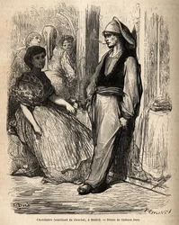 En chokoladehandler i det fri, skitse på den livlige taget i Madrid. Stik af Gustave Dore (1832-1883) til illustration af hans rejse til Spanien, med Ch. Davillier (redaktør), i 1862, udgivet i "" Le tour du monde""" 1869, redigeret af Edouard Charton, Hac