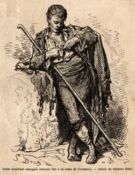 En ung tigger, a la vente de Cardenas, en kro på vejen til Almaden (provinsen Kanalen). Skitse taget live af Gustave Dore (1832-1883). Gravering til illustration af rejsen i Spanien, i 1862 af Charles Davillier og Gustave Dore, i "Le tour d