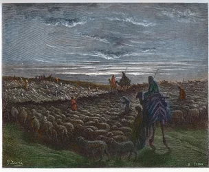 Abraham på rejse ind i Kanaans land - Abram slog sig ned i landet Kanaan - indgravering i "The Bible illustree" af Gustave Dore (1832-1883) - Indgravering fra "" The Dore Bible""