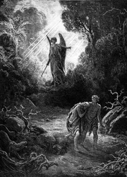 Adam og Eva jages ud af Paradiset. Gravering af Gustave Dore. Mame-udgave 1891.