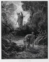 Adam og Eva forvist fra Edens have af en engel, illustration fra Dorés bibel