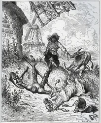 Efter overfaldet giver vindmøllerne - "" Misericorde! "" Sancho - fra "" Don Quixote de la Mancha"" af Miguel Cervantes (1547-1616) (Don Quixote) - Træsnit efter tegning af Gustave Dore