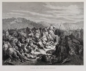 Ahab kæmper mod assyrerne i slaget ved Qarqar , Illustration fra Dore-bibelen