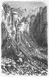 Angreb på et slot eller en befæstet by, illustration fra "Les Contes Drolatiques" af Honore de Balzac (1799-1850)