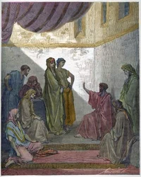 Døb af Cornelius the Centurion - Cornelius the Centurion modtager troen på Jesus Kristus, og bliver døbt af St. Peter. - Indgravering i "The Bible illustree" af Gustave Dore (1832-1883) - Gravering fra "" The Dore Bible""