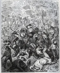 Kamp med muldyrmagere - Yangois brugte deres køller - fra "Don Quixote de la Mancha" af Miguel Cervantes (1547-1616) (Don Quixote) - Træsnit efter tegning af Gustave Dore