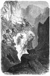 Bjørnejagt i Pyrenæerne: en mand falder ned fra bjerget. Graveret af Gustave Dore som illustration til bogen "Journey to the Pyrenees" af Hippolyte Taine, Hachette 1860.