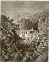 Bibelen: Jerikos mures fald. Gravering af Gustave Dore, ca. 1860.