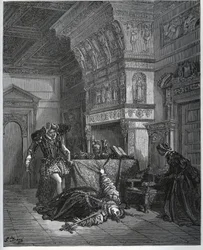 Camille foregiver selvmord foran Lothaire og Leonella - fra „Don Quixote de la Mancha“ af Miguel Cervantes (1547-1616) („Don Quixote“) - træsnit efter tegning af Gustave Doré