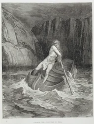 Charon, helvedes færgemand, fra Dante Alighieris Den guddommelige komedie (Inferno), graveret af Stéphane Pannemaker (1847-1930), ca. 1868