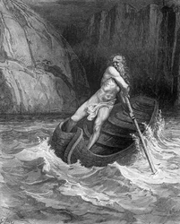 Charon, helvedes færgemand, fra Dantes Alighieris «Den guddommelige komedie» (Inferno) (1265-1321), graveret af Stéphane Pannemaker (1847-1930), ca. 1868