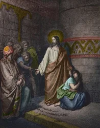Kristus og den ægteskabsbrydende kvinde, illustration af Gustave Doré (1832-1883) - Jesus og kvinden grebet i ægteskabsbrud - stik af Gustave Doré - senere kolorit