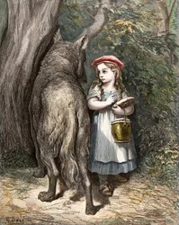 På vej gennem skoven møder Rødhætte ulven. Stik af Gustave Doré (1832-1883) fra „Eventyrene“ af Charles Perrault (1628-1703)