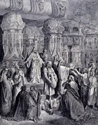 Kyros II den Store (580 f.Kr. - 530 f.Kr.) befriede de fangne folk ved sin ankomst til Babylon i 539 f.Kr. og gav det jødiske folk de hellige kar tilbage, som var blevet taget som bytte fra templet i Jerusalem. Gravering af Gustave Doré.