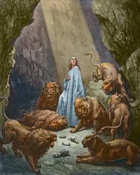 Daniel bliver smidt i Løvehulen - Daniel i Løvernes Hule - gravering af Gustave Dore - senere farvelægning
