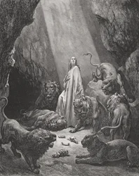 Daniel i løvekulen, Daniel 6:16-17, illustration fra Dorés Den Hellige Bibel, graveret af Piaud, 1866