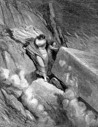 Dante og Virgil ved kanten af afgrunden, hvorfra en fødende lugt dampede op, 1863
