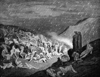 Dante og Vergil ser ned på sjæle i pine i helvede, 1863