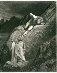 Dante og Vergil møder Minotaurus. Stik fra Helvede af Dante Alighieri (Den guddommelige komedie) illustreret af Gustave Dore. Fransk udgave fra 1861. "E in su la punta della rotta lacca/L