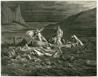Dante og Vergil sejler, anført af Nocher Phlegyas, på Styx, hvor der vader dæmoner, som forsøger at klatre op i båden. Stik fra Helvede af Dante Alighieri (Den Guddommelige Komedie) illustreret af Gustave Dore. Fransk udgave fra 1861. "Segando se ne