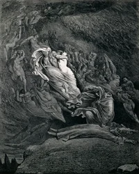 Dante og Vergil med Paolo og Francesca, illustration til Inferno, sang V af Den Guddommelige Komedie af Dante Alighieri (1265-1321), af Gustave Doré (1832-1883)