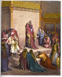 David, konge af Det Forenede Kongerige Israel sørger over Absaloms død. Kong David utrøstelig over Absalons (Avshalom) død - indgravering i "" The Bible illustree"" af Gustave Dore (1832-1883) - Indgravering fra "" The Dore Bible""