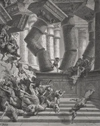 Samsons død, Dommerne 26:28-30, illustration fra Dore
