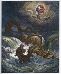 Ødelæggelse af Leviathan - Ødelæggelsen af Leviathan, Det Gamle Testamentes marinemonster - indgravering i "" The Bible illustree"" af Gustave Dore (1832-1883) - Indgravering fra "" The Dore Bible""