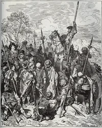 Don Quijote og Sancho med eskadronen af de brølende landsbyboere - fra "Don Quixote de la Mancha"" af Miguel Cervantes (1547-1616) (Don Quixote) - Træsnit efter tegning af Gustave Dore